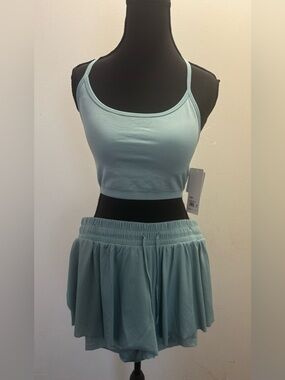 Yogalicious Aquifer Ribbed Short and Seamless Bra Set in Aqua